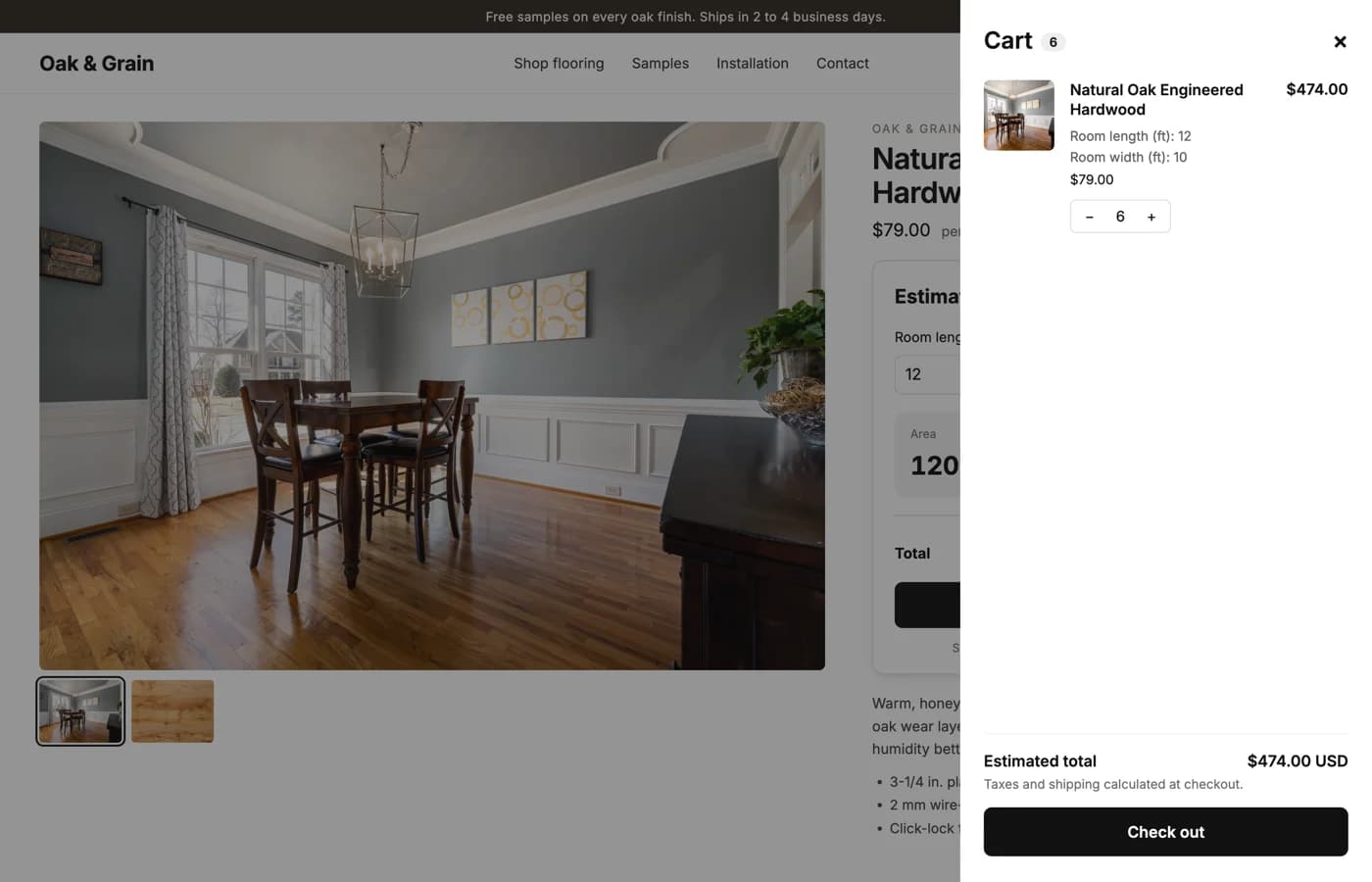 A Shopify cart showing six boxes of engineered oak flooring with the room length and width saved on the line
