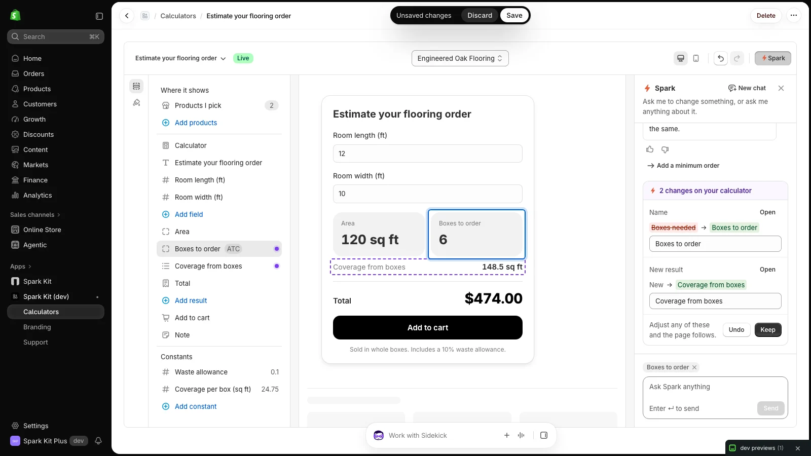 The Spark Kit editor in the Shopify admin: a part picked on the live preview, and the changes Spark made to it