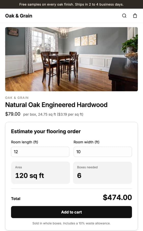An oak flooring product page on a phone with the Spark Kit calculator sitting above the product details